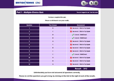 Lawn Tennis Association Student Quiz Results Page
